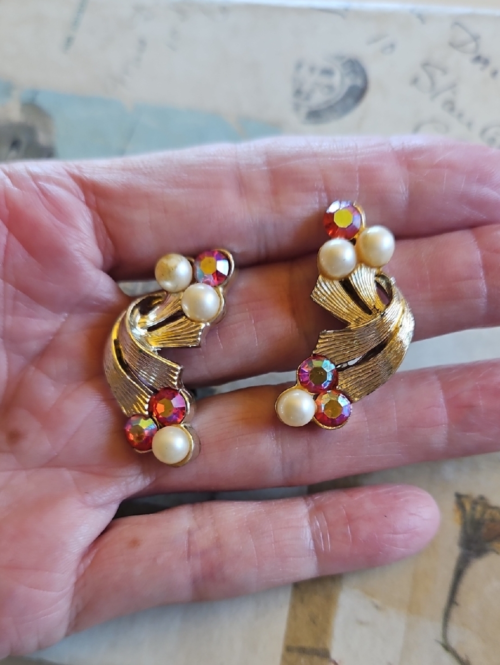Gold Tone Faux Pearl And Red Aurora Borealis Rhinestone Clip Earrings